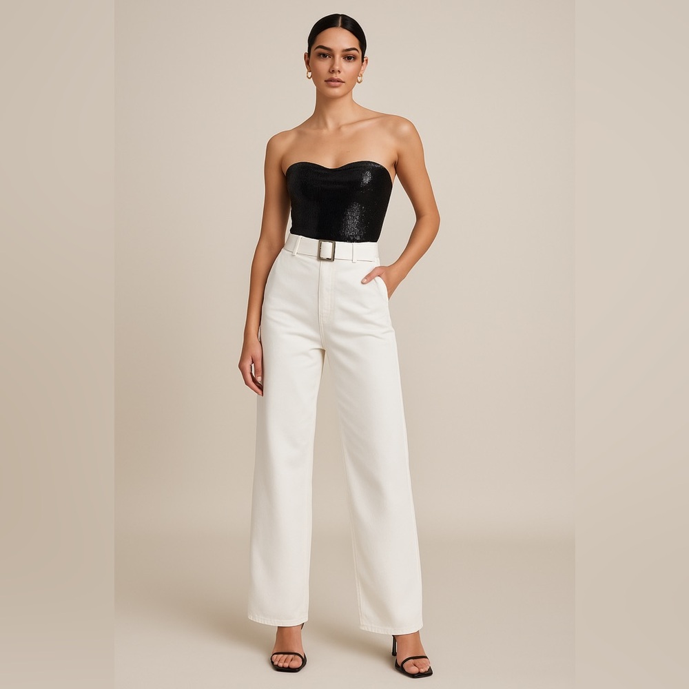 Refka Casual White High Waist Wide Leg Cotton Pants w/ Belt EU 46 US 14 NWT